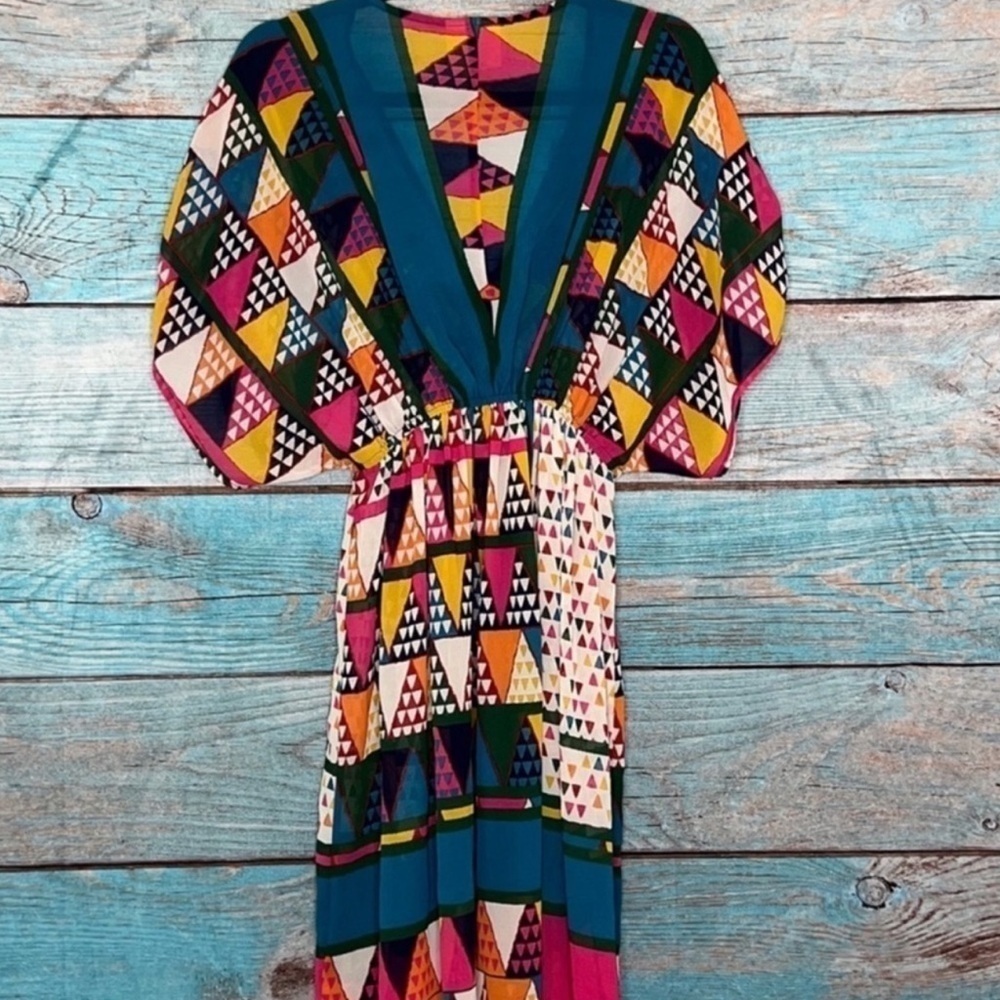 Anthropologie Maeve Geo Printed Dress 2 Mini Kimono Tie Sleeves Cinch Waist Boho
